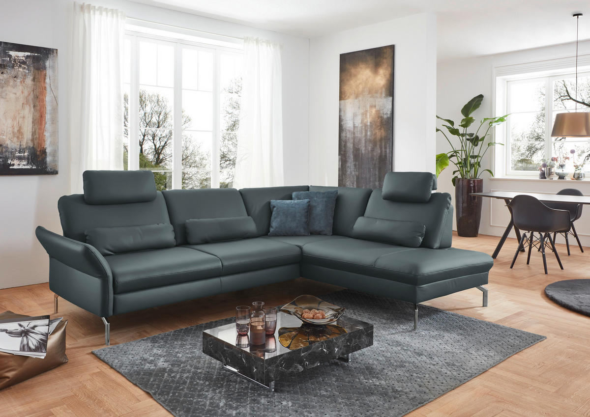 ECKSOFA in Echtleder Blaugrau  284/220 cm  - Blaugrau/Alufarben, KONVENTIONELL, Leder/Metall (284/220cm) - Beldomo Premium