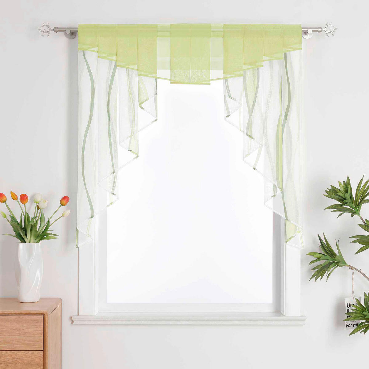 SCHEIBENGARDINE   140/145 cm   - Weiß/Grün, Basics, Textil (140/145cm)