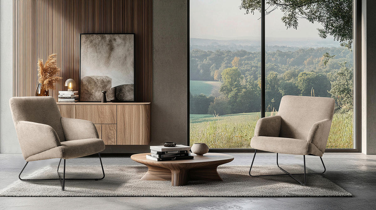 SESSELSET in Chenille Beige  - Beige/Schwarz, Design, Textil/Metall (67/87/74cm) - Livetastic