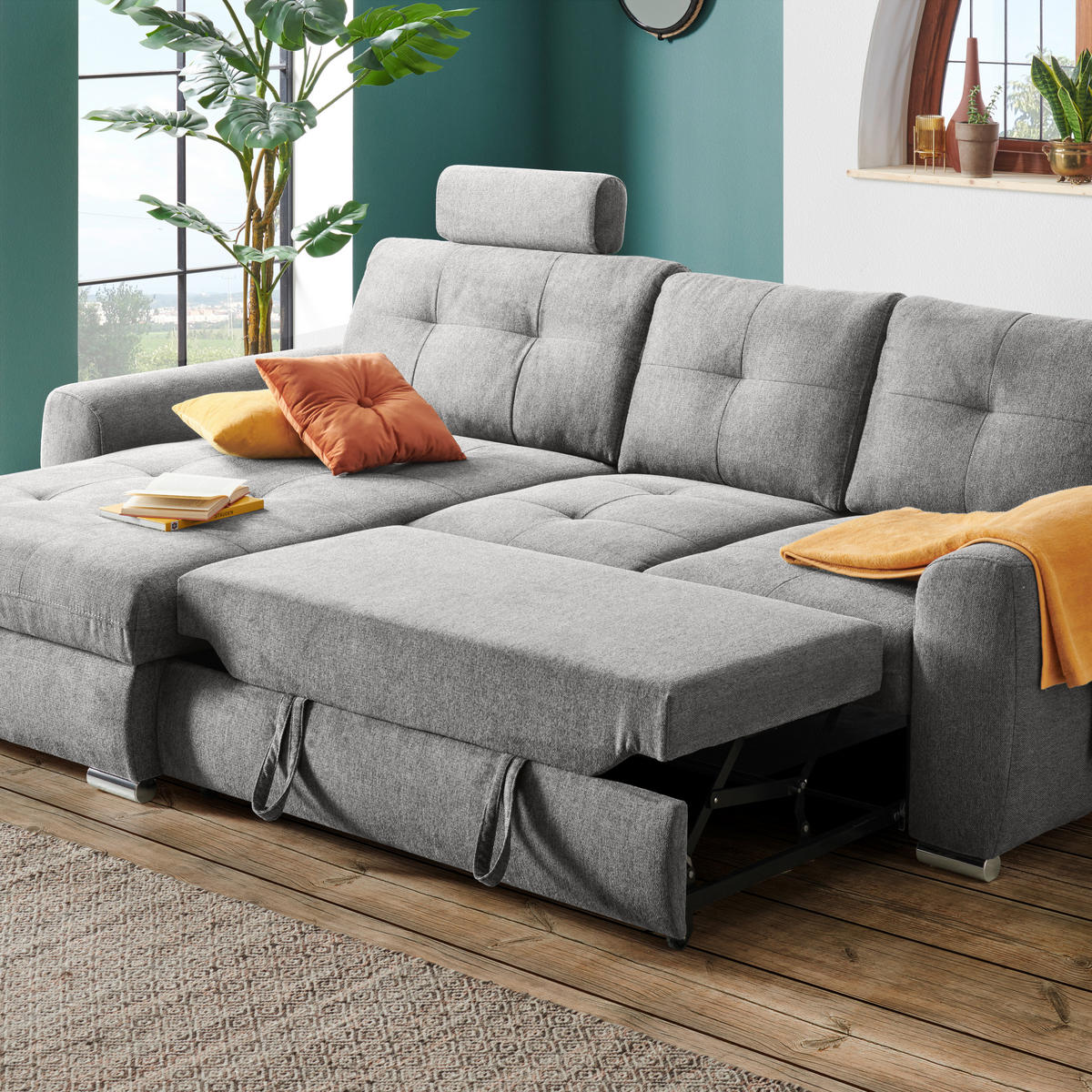 ECKSOFA in Mikrofaser Grau  - Chromfarben/Grau, Modern, Kunststoff/Textil (276/193cm) - Hom`in