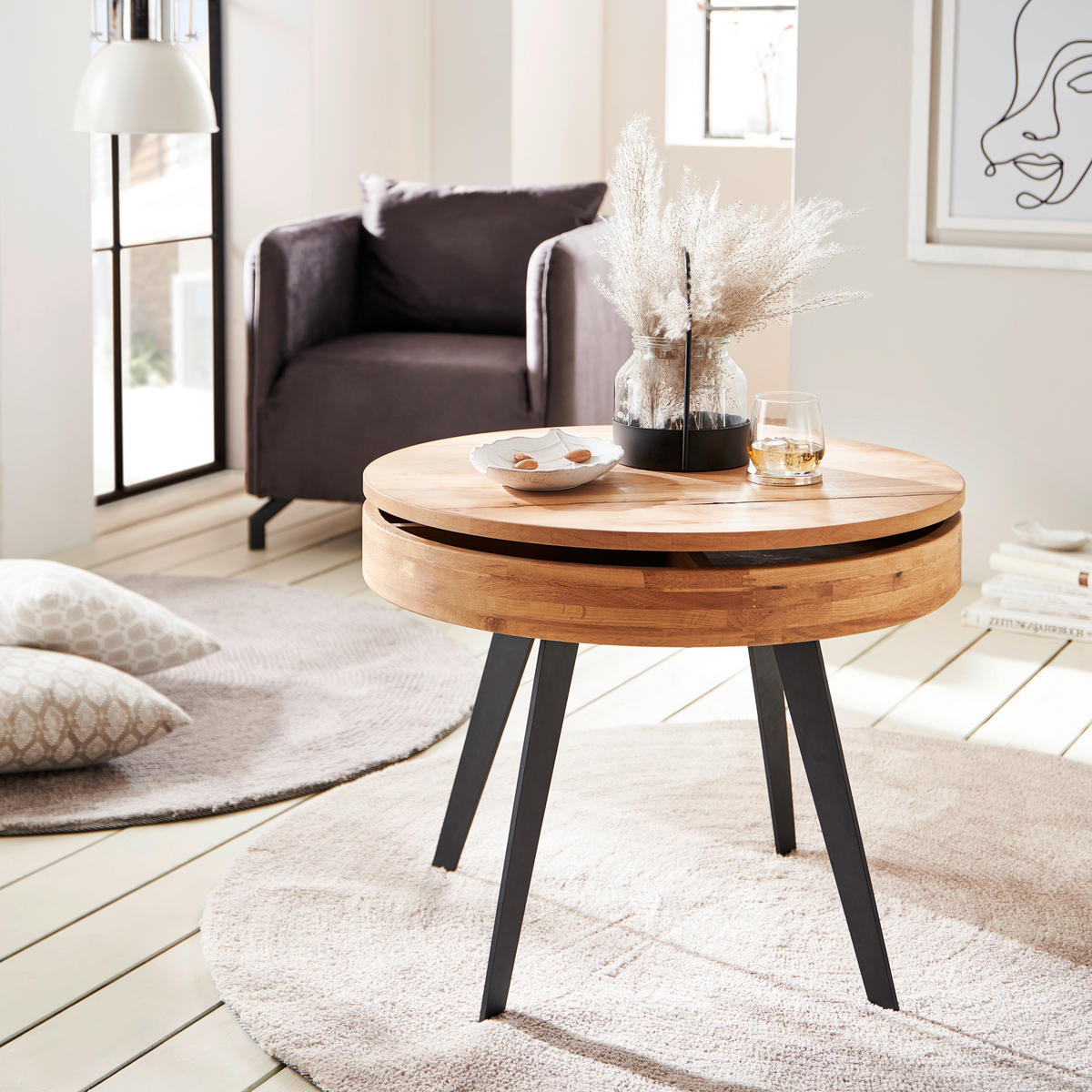 COUCHTISCH Eiche furniert, Sperrholz rund Naturfarben, Schwarz  - Schwarz/Naturfarben, MODERN, Holz/Holzwerkstoff (70/56cm) - Livetastic