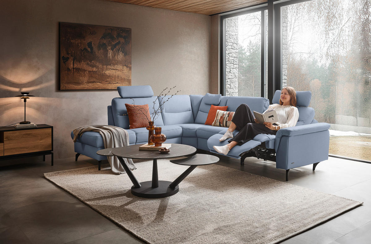 ECKSOFA in Echtleder Hellblau  249/280 cm  - Anthrazit/Hellblau, Design, Leder/Metall (249/280cm) - Himolla Komfortklass