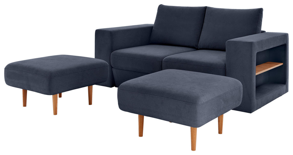 DREISITZER-SOFA inkl. Hocker Webstoff Dunkelblau  - Eichefarben/Dunkelblau, Design, Holz/Textil (212/96/107cm) - LOOKS by W.Joop