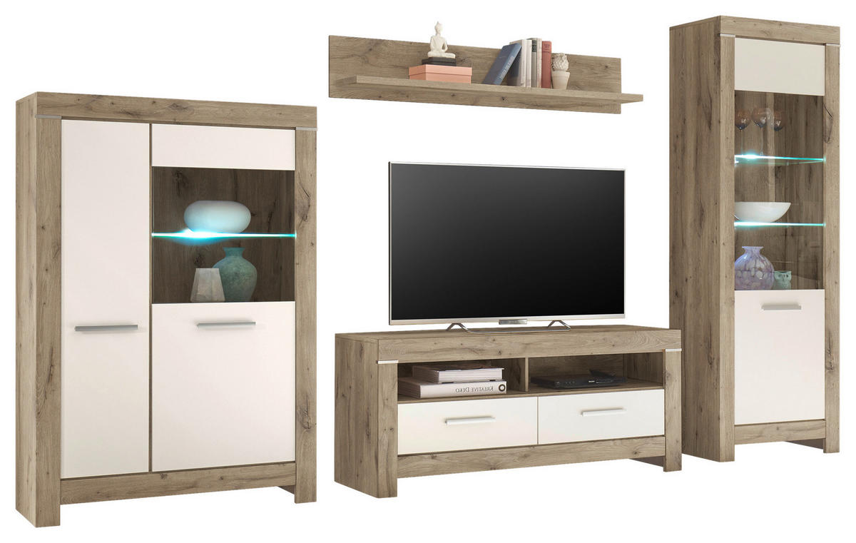 WOHNWAND  in Weiß, Eichefarben  325/197/45 cm  - Eichefarben/Silberfarben, Design, Glas/Holzwerkstoff (325/197/45cm) - Carryhome