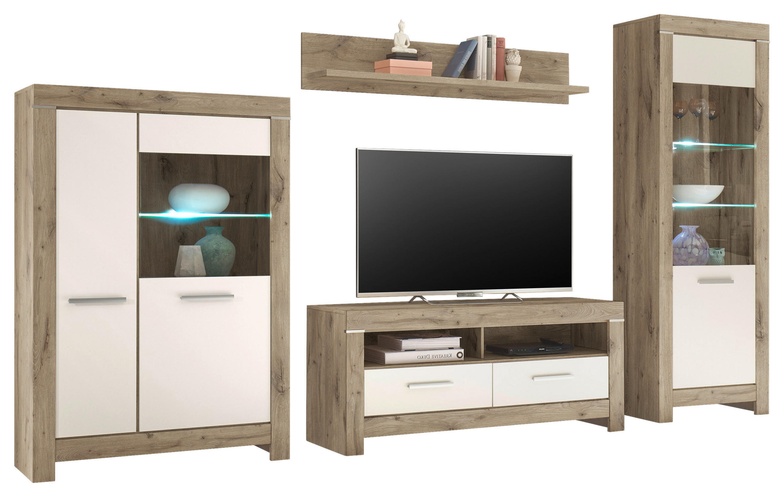 Set Mobilă Living, alb, culoare lemn stejar, 325/197/45 cm