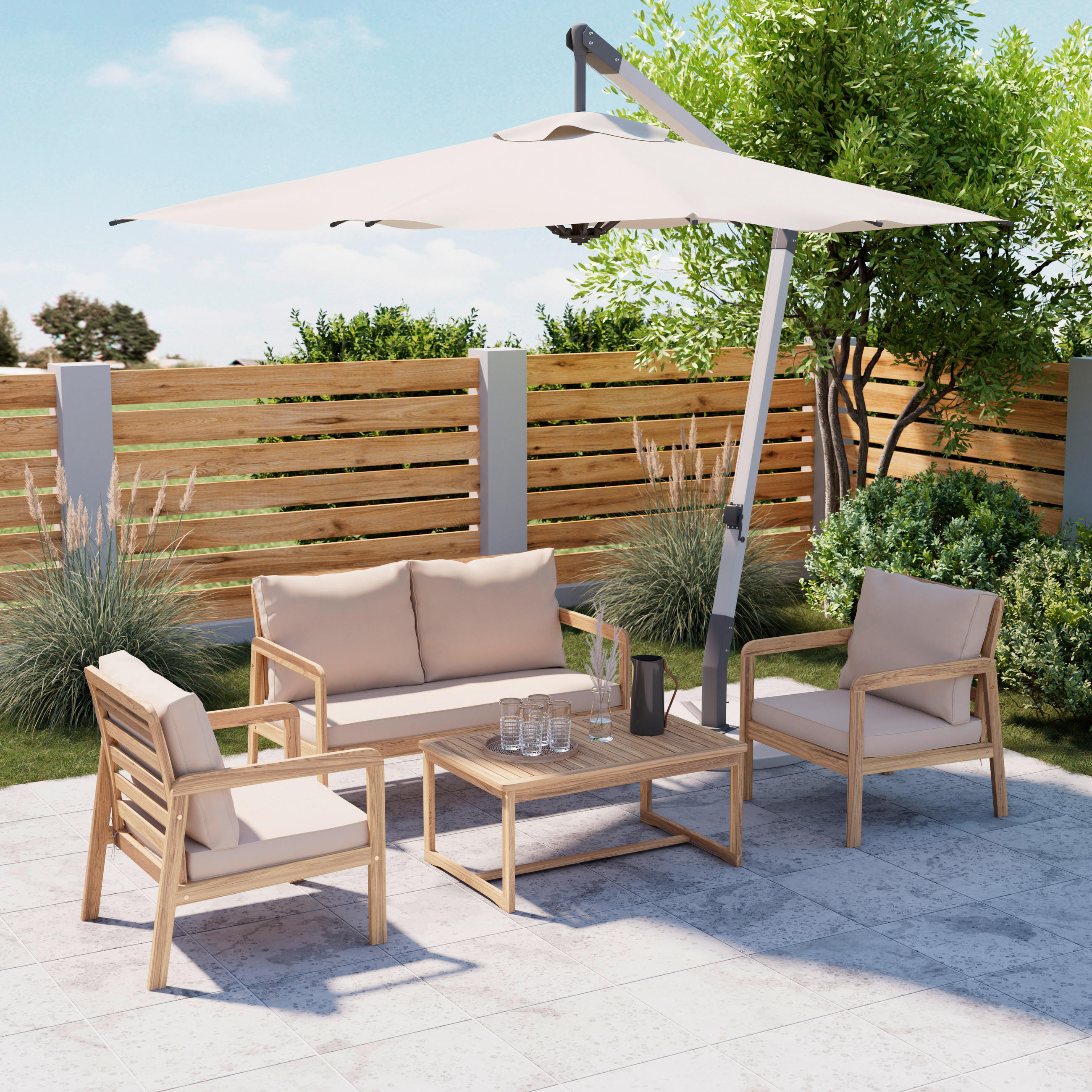 GARTENSET Webstoff Akazie Hartholz  - Hellgrau/Teakfarben, MODERN, Holz/Textil (85/116/60/35/72/72/55/64/64cm) - Ambia Garden