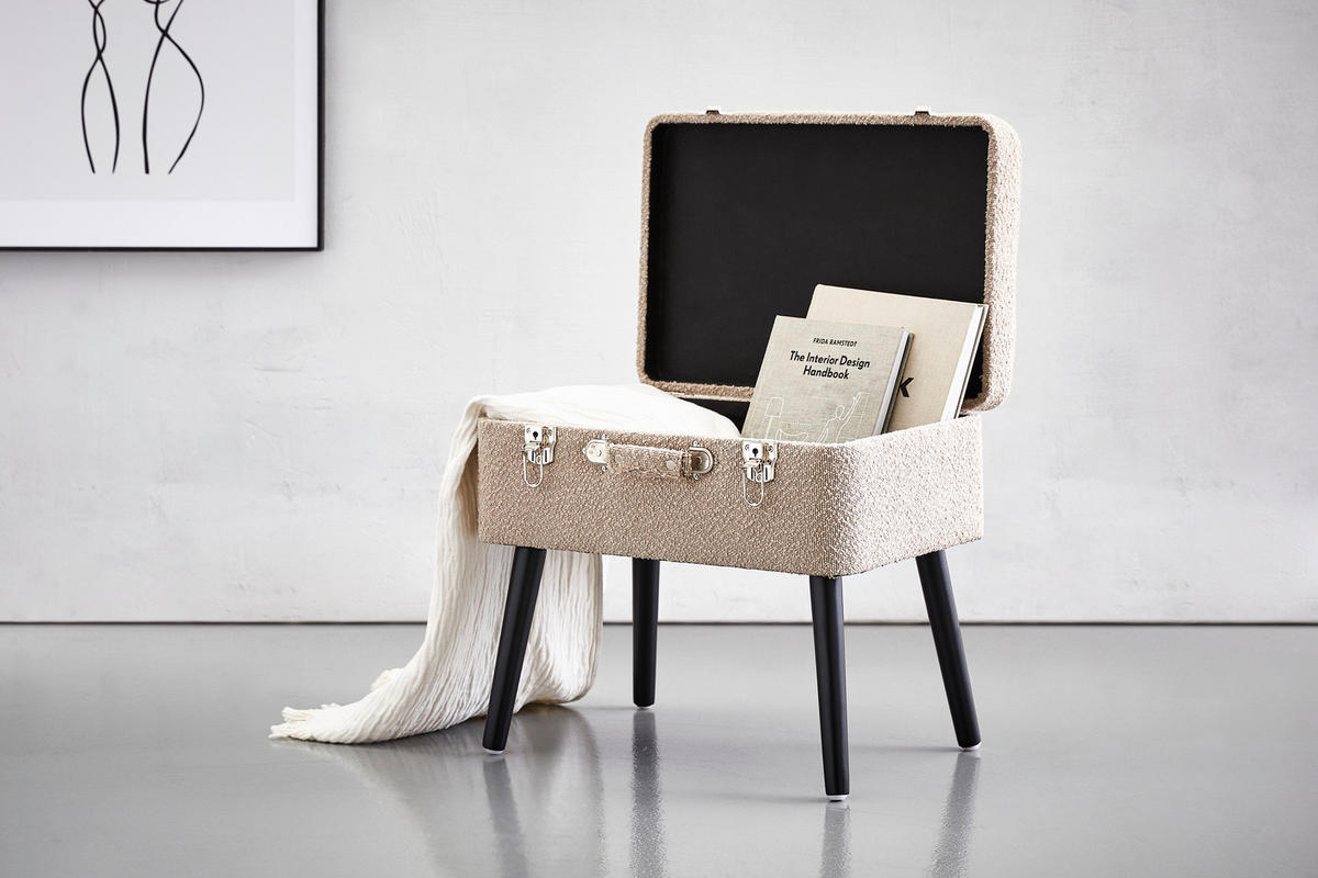 HOCKER Vliesstoff, Bouclé Kiefer Schwarz, Beige  - Beige/Schwarz, Trend, Holz/Textil (50/46/35cm) - Xora