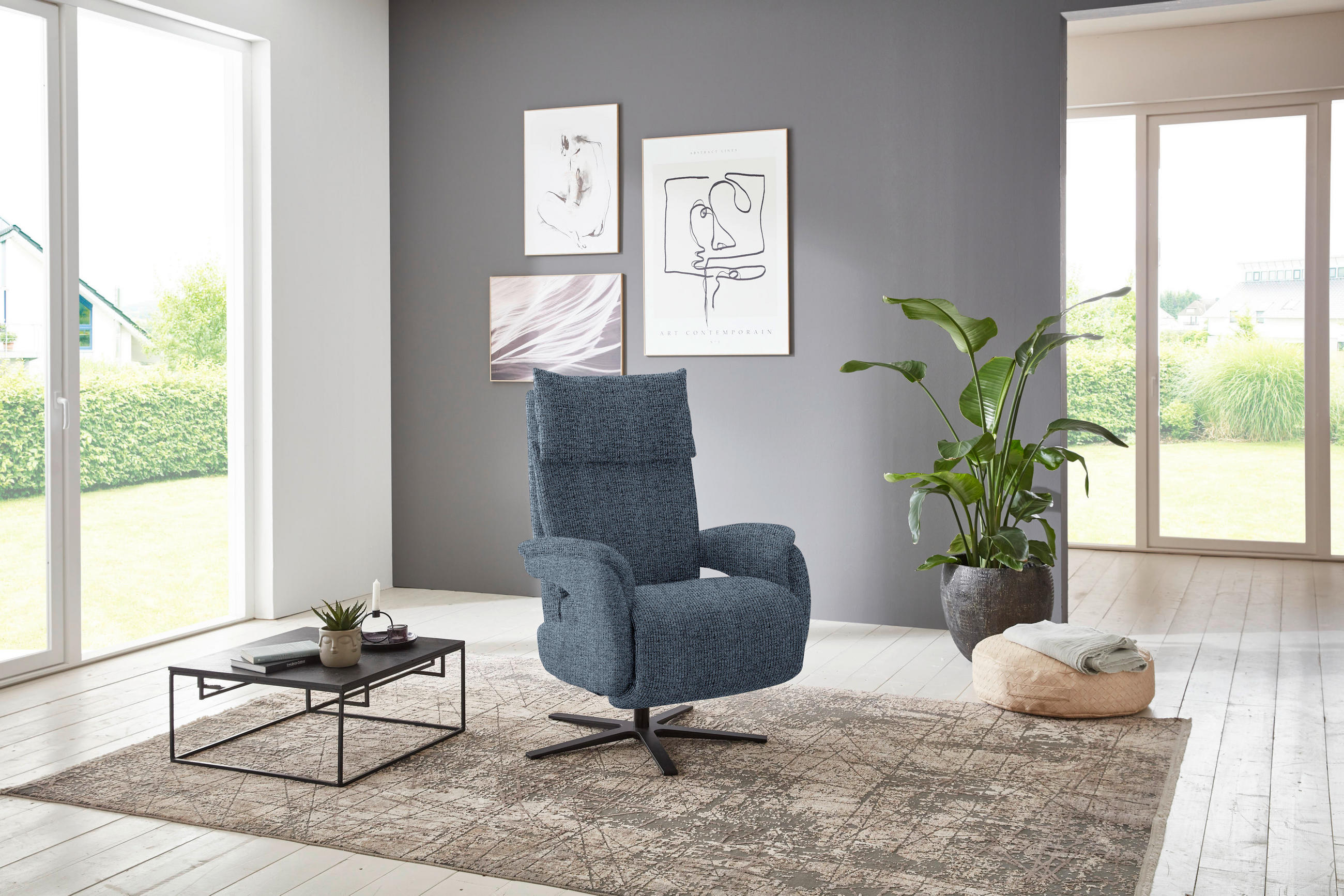 RECLINERFÅTÖLJ i struktur blå  - blå/svart, Modern, metall/textil (73/113-117/85cm) - Livetastic