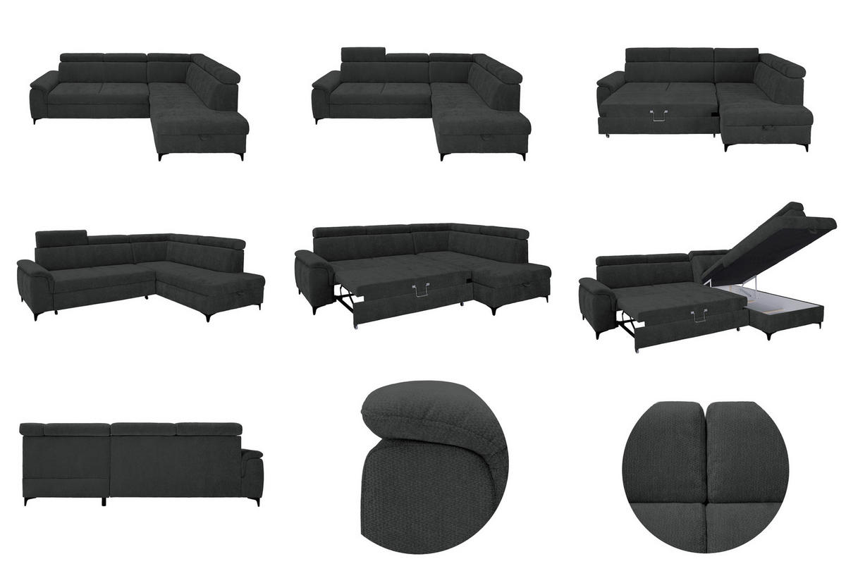 ECKSOFA Schwarz Chenille Bettkasten, Schlaffunktion, Rücken echt, Kopfteilverstellung, Liegefläche im Originalstoff  - Schwarz, KONVENTIONELL, Textil/Metall (265/206cm) - Carryhome