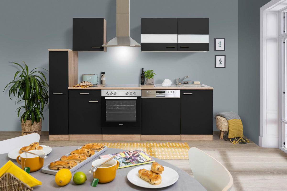 KÜCHENBLOCK 250 cm   in Schwarz  - Edelstahlfarben/Eichefarben, Basics, Holzwerkstoff/Metall (250cm) - Respekta