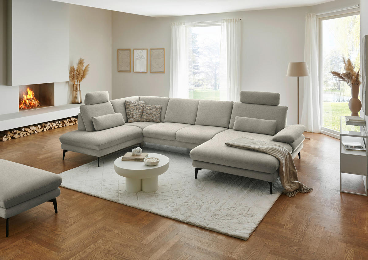 WOHNLANDSCHAFT  in Chenille, Flachgewebe Greige  - Greige/Schwarz, Design, Textil/Metall (208/344/180cm) - Dieter Knoll