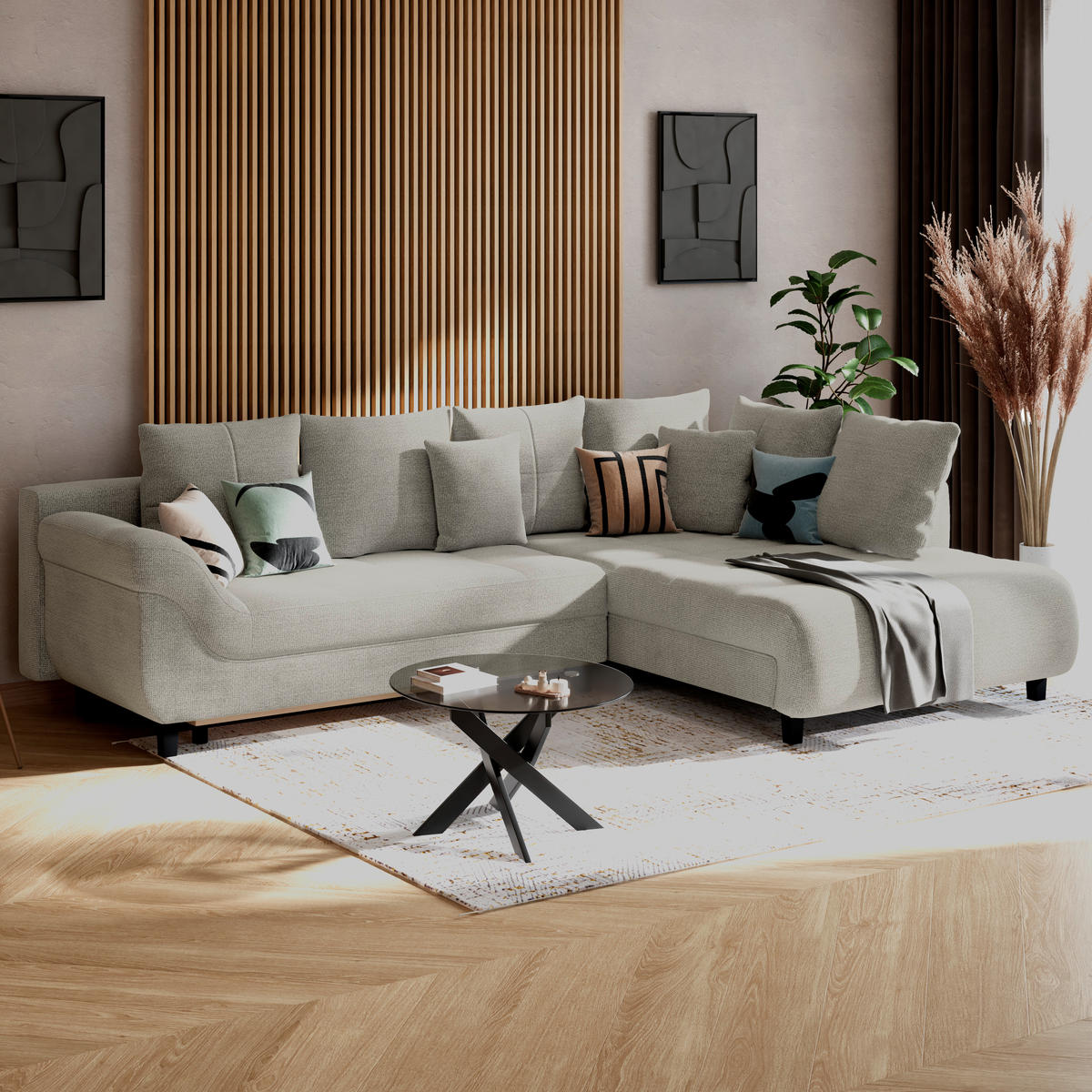 ECKSOFA MENDOZA NEW Grau Chenille, Struktur Zierkissen, Rückenkissen, Bettkasten  - Schwarz/Grau, KONVENTIONELL, Textil (309/197cm) - MID.YOU