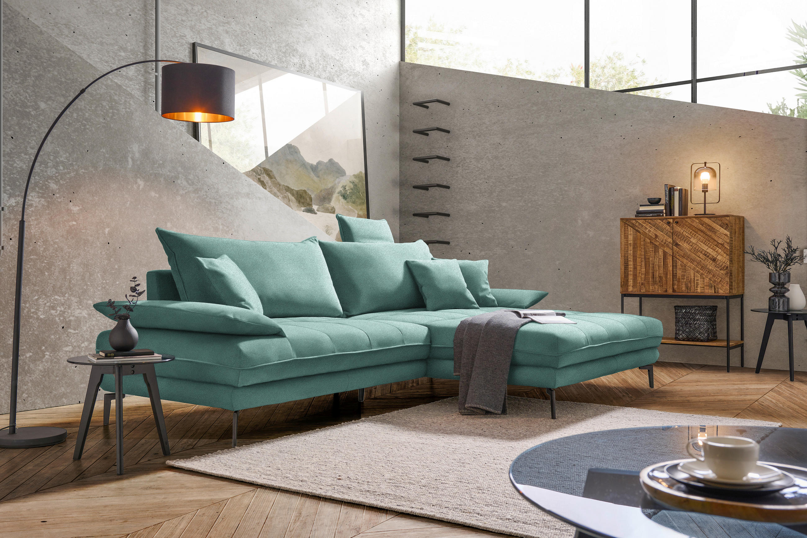 ECKSOFA in Mikrofaser Mintgrün  292/176 cm  - Schwarz/Mintgrün, MODERN, Textil/Metall (292/176cm) - Carryhome
