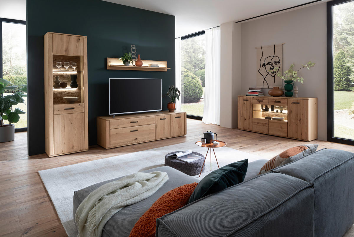 WOHNWAND  in Eichefarben 272/208/50 cm  - Eichefarben/Anthrazit, Konventionell, Glas/Holz (272/208/50cm) - Cantus