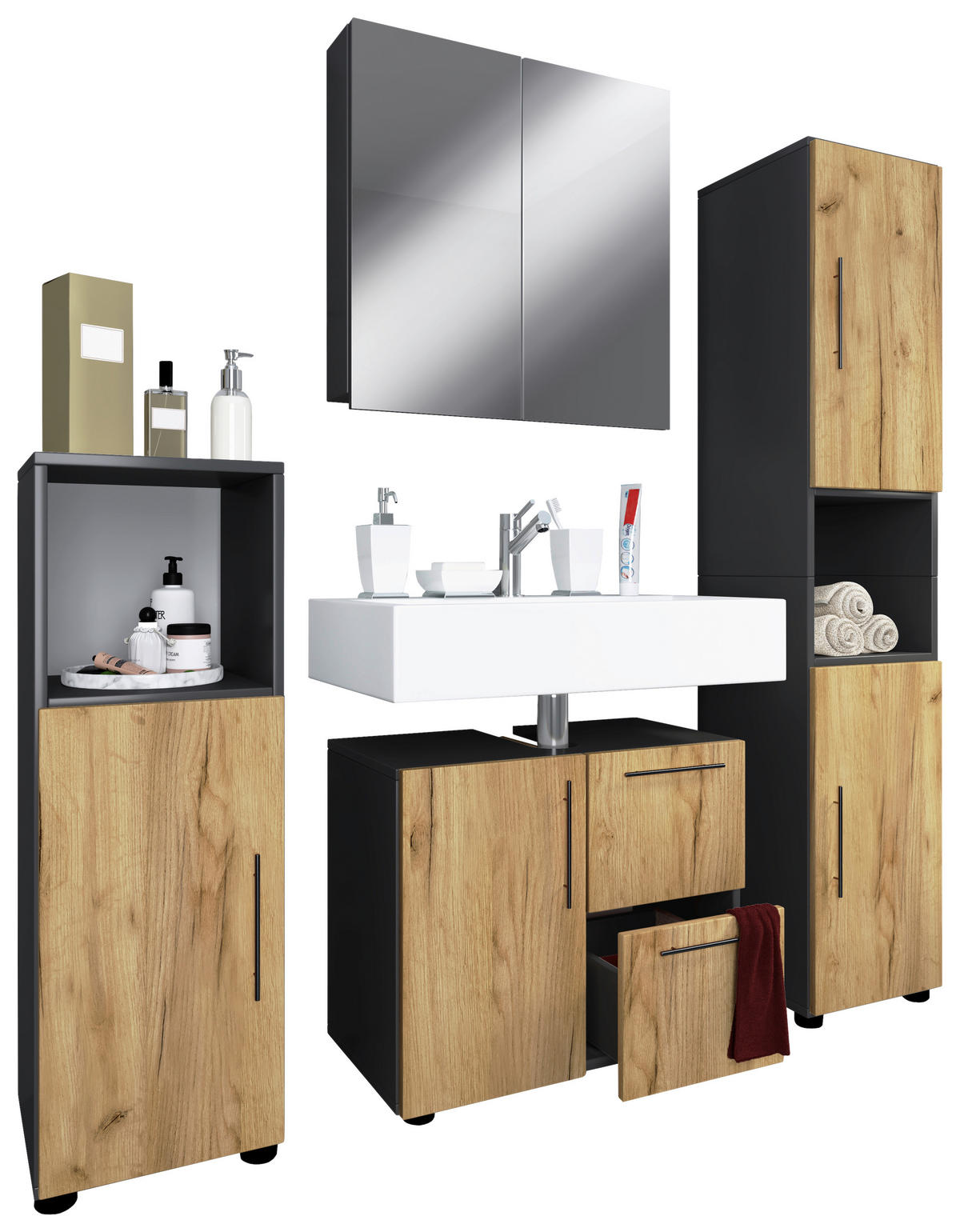 BADEZIMMER 4-teilig  in 123 cm  - Honigeiche/Anthrazit, MODERN, Holzwerkstoff/Kunststoff (123cm) - MID.YOU