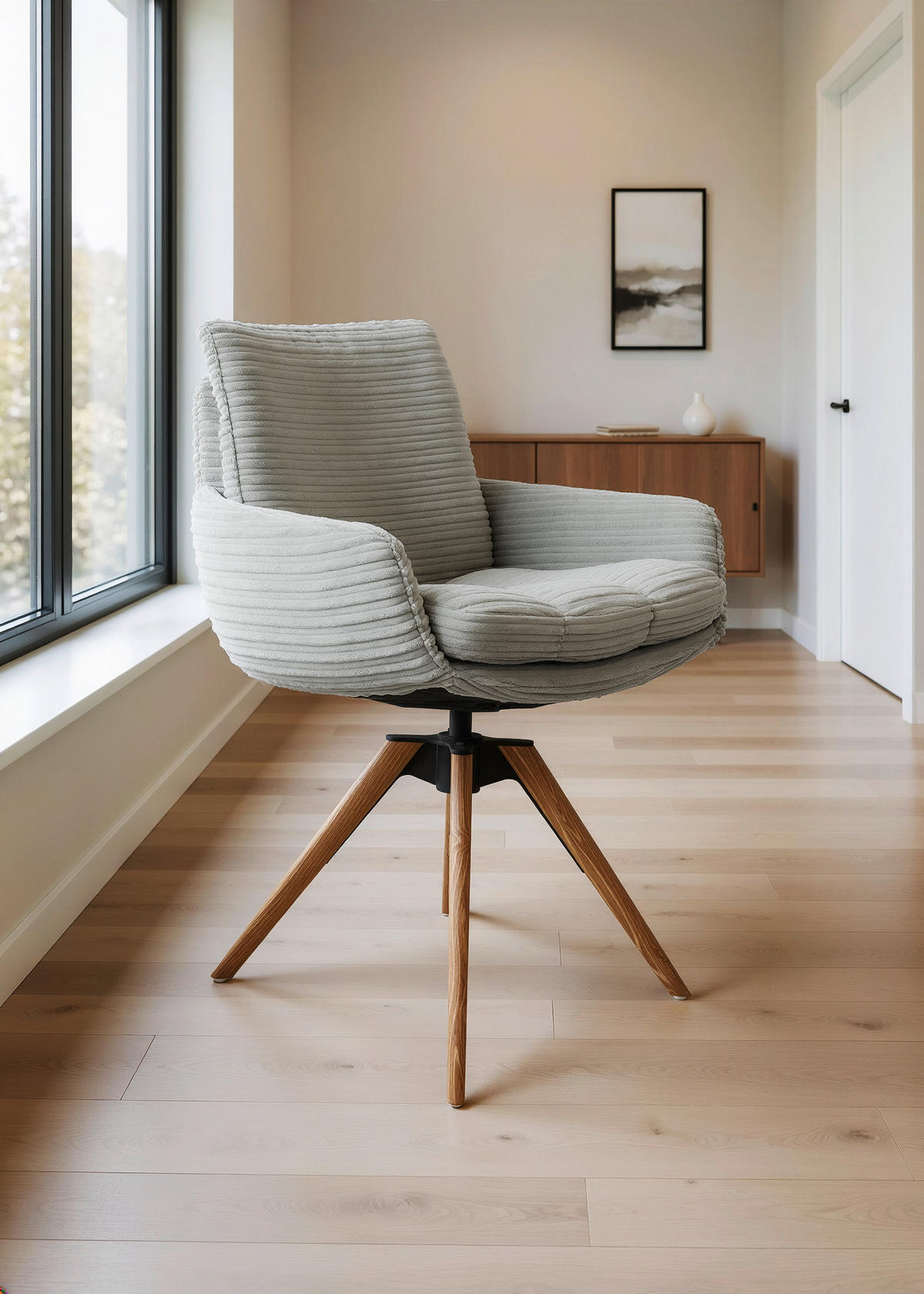 ARMLEHNSTUHL  Beinauswahl, Sitzfläche 360° drehbar, Stoff-/Lederauswahl gerippt  Naturfarben  - Eichefarben/Naturfarben, Design, Holz/Textil (60/91/62cm) - Valdera