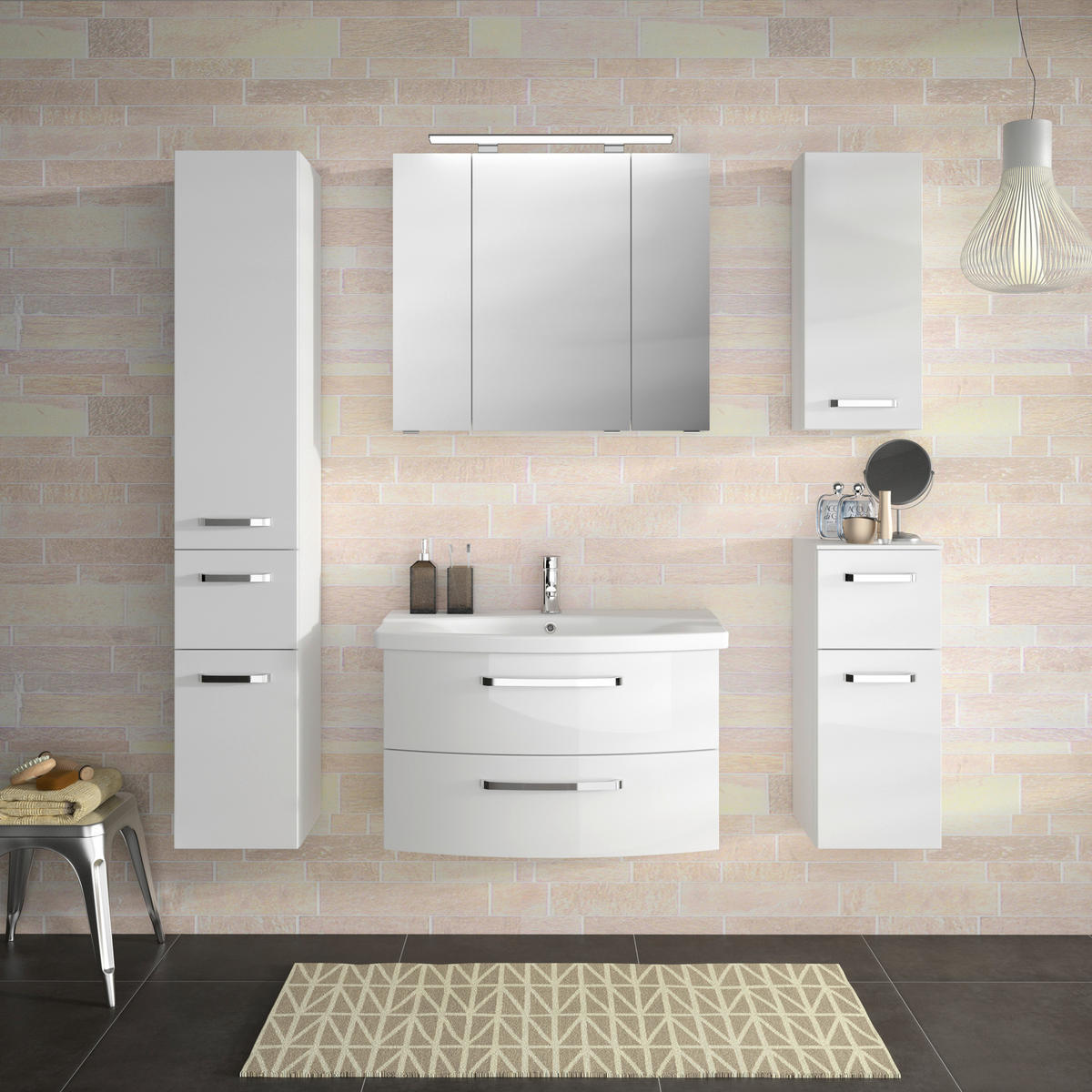 BADEZIMMER 3-teilig  in 84 cm  - Chromfarben/Weiß Hochglanz, MODERN, Glas/Keramik (84cm) - Sadena