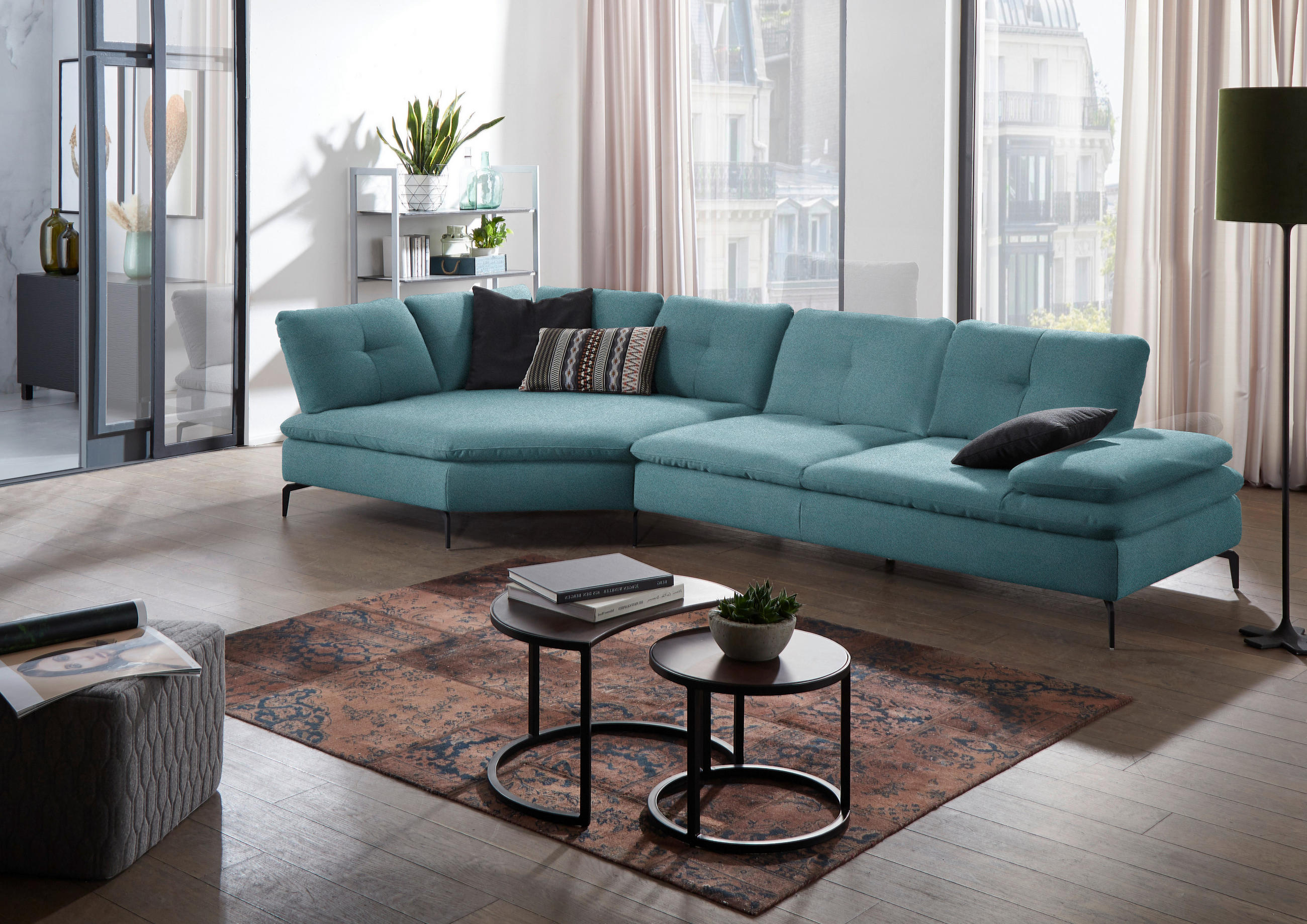 ECKSOFA in Flachgewebe Hellblau  - Schwarz/Hellblau, Design, Textil/Metall (157/344cm) - Chilliano