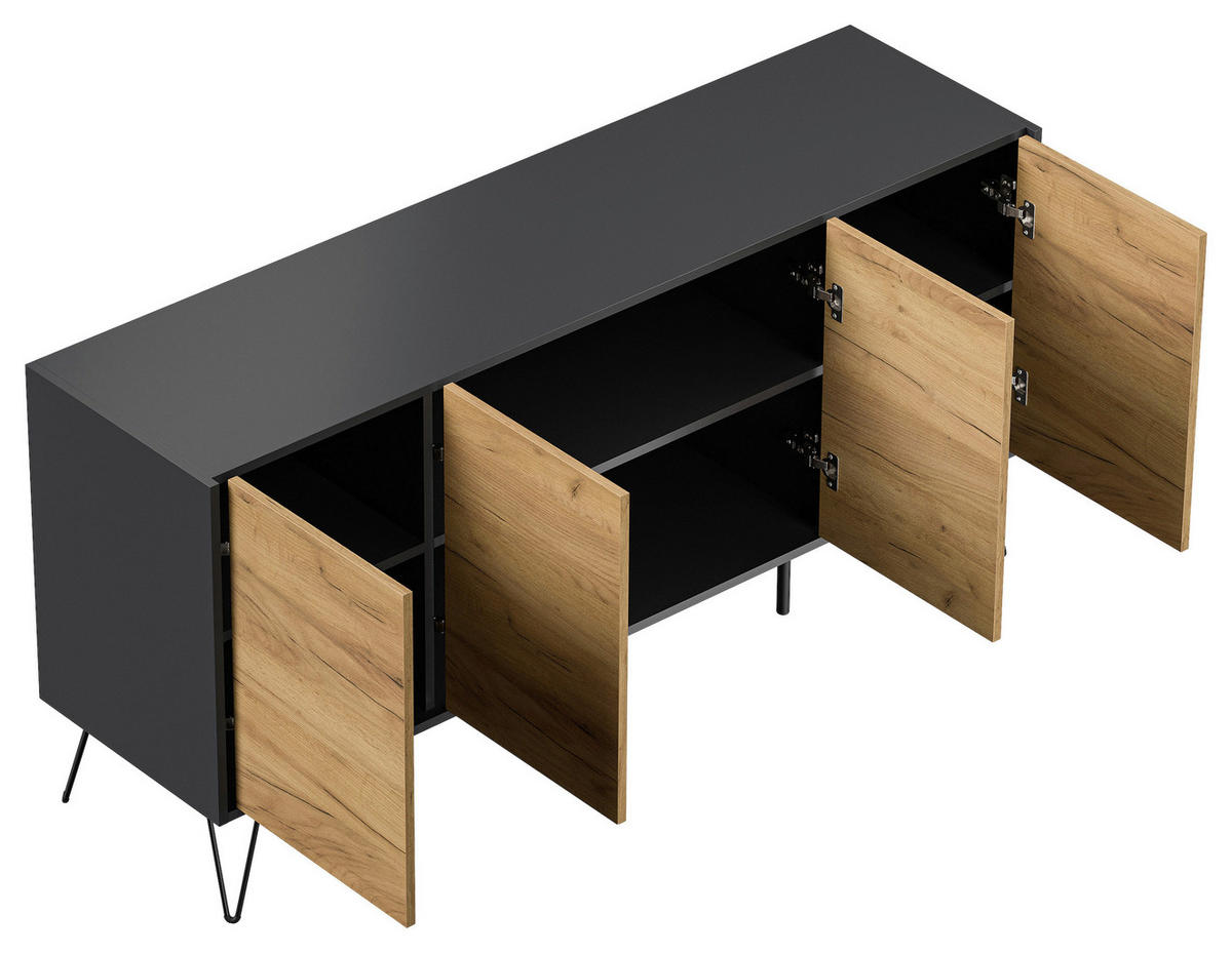 SIDEBOARD Posseik Industrial  in 155/75,8/42 cm  - Eichefarben/Graphitfarben, Design, Holzwerkstoff/Metall (155/75,8/42cm) - P & B