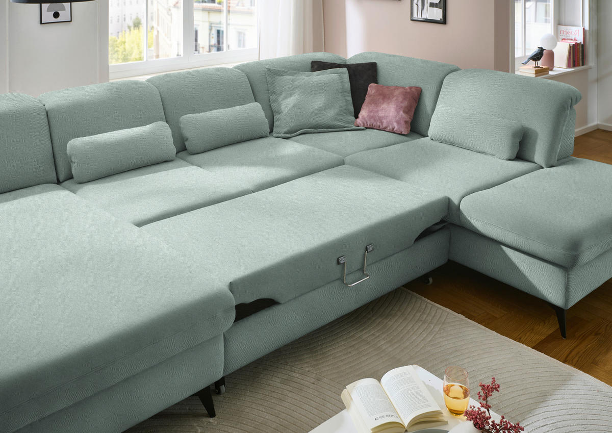 WOHNLANDSCHAFT  in Chenille Mintgrün  - Schwarz/Mintgrün, Design, Textil/Metall (198/364/255cm) - Beldomo Style