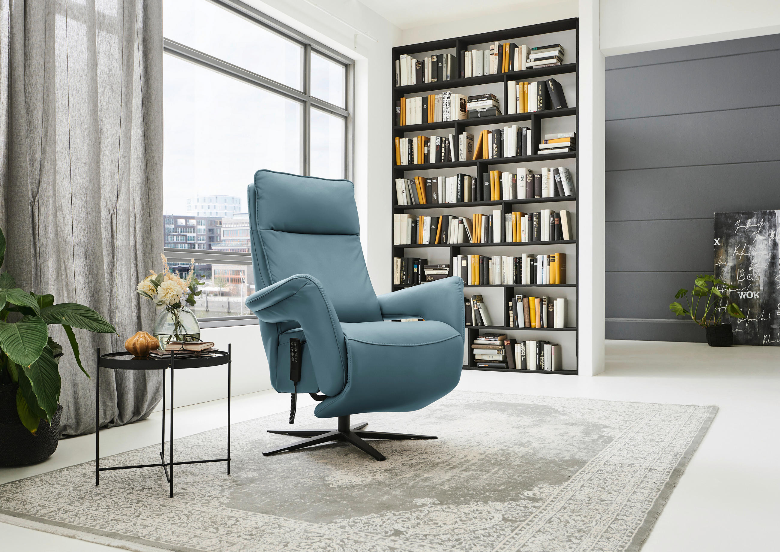 RELAXSESSEL in Leder Blau  - Blau/Schwarz, Design, Leder/Metall (83/116/87cm) - Valdera