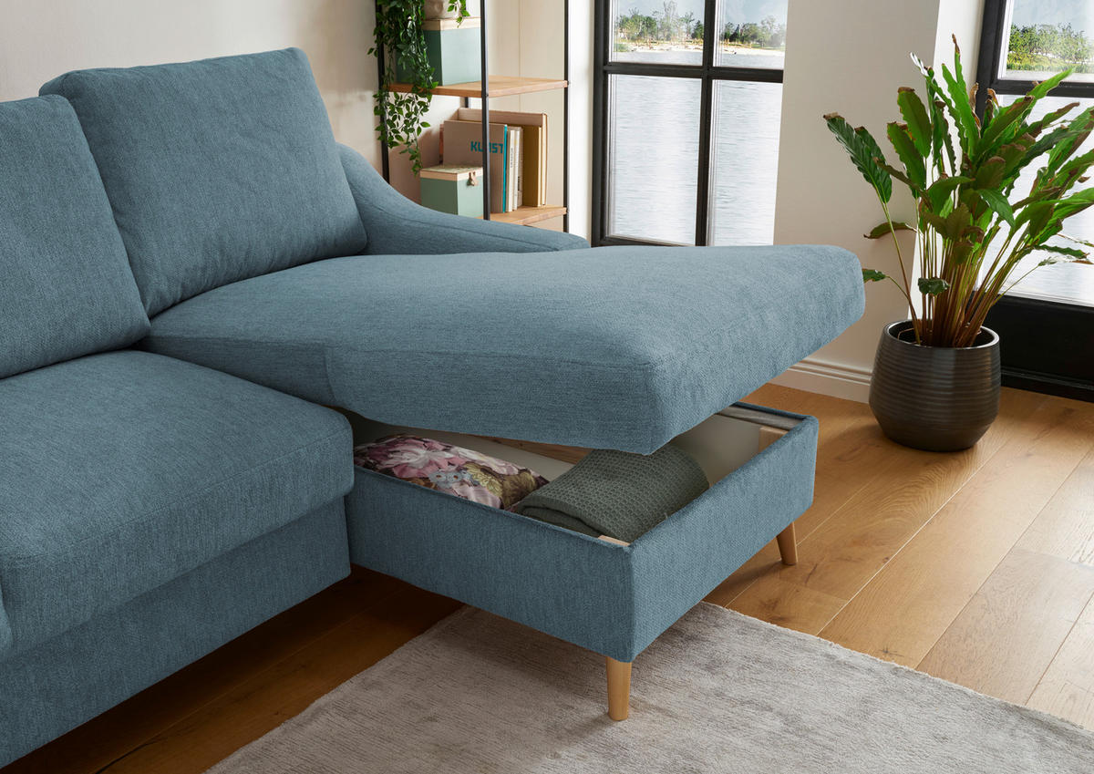 ECKSOFA Blau Mikrofaser  - Blau/Schwarz, Design, Holz/Textil (228/150cm) - MID.YOU