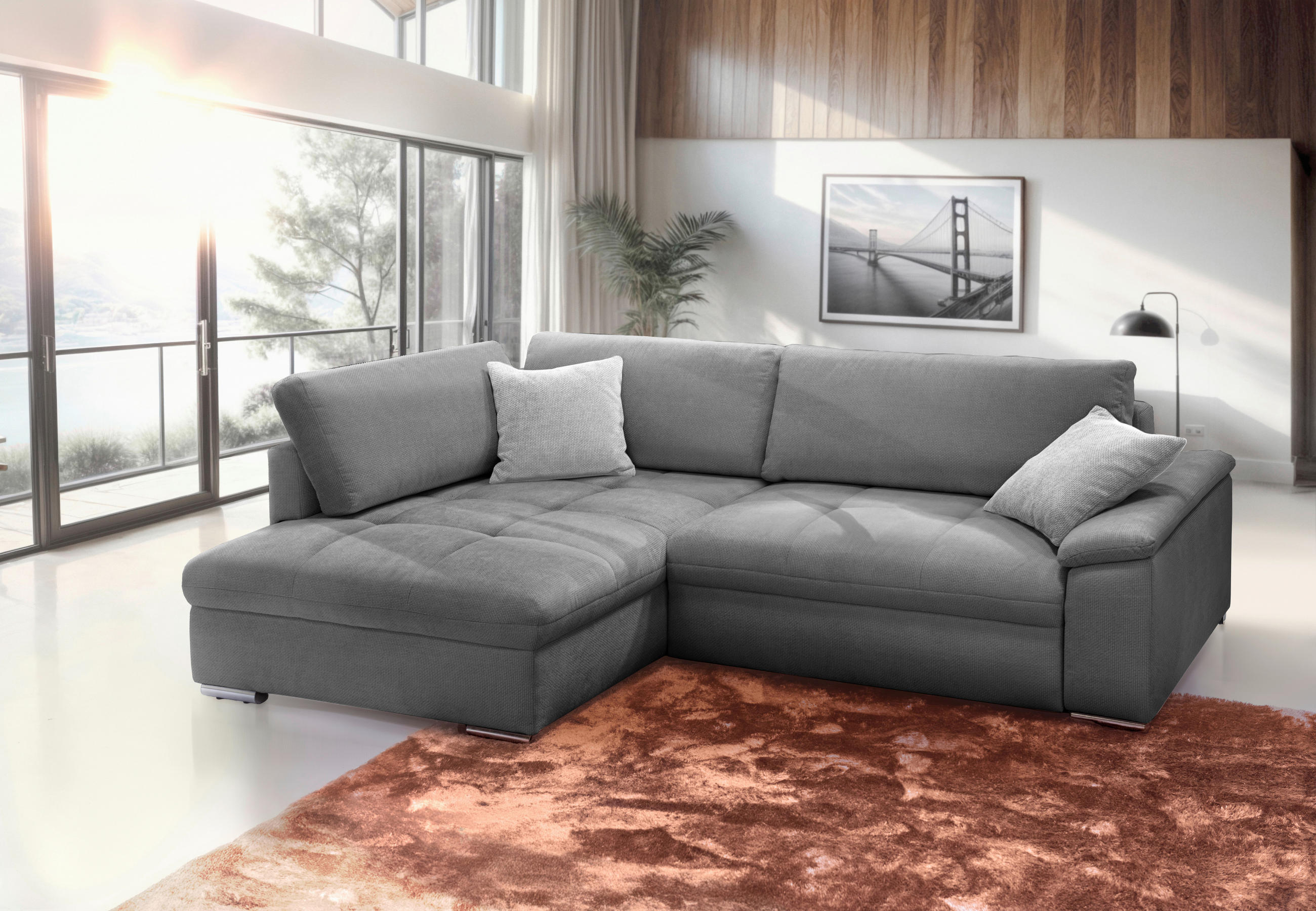 ECKSOFA in Struktur, Chenille Grau  178/268 cm  - Silberfarben/Hellgrau, Design, Textil/Metall (178/268cm) - Livetastic