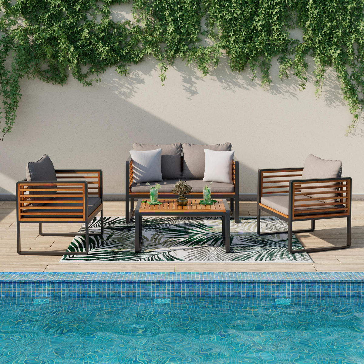 GARTENSET  - Schwarz/Akaziefarben, Design, Holz/Textil (128/68/90/70/70/41,5/68/68/50cm) - Ambia Garden