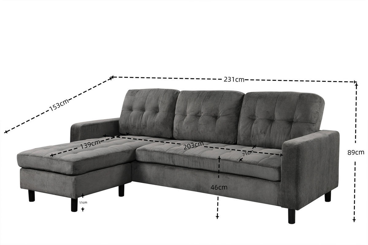 ECKSOFA ARDEN Grau Struktur Rückenkissen  - Schwarz/Grau, Design, Kunststoff/Textil (231/153cm) - MID.YOU