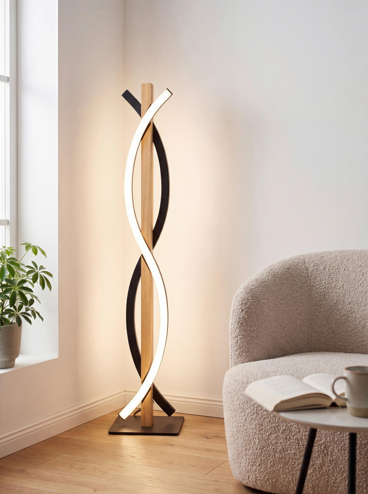 LED-TISCHLEUCHTE Zhang 15/48/10 cm   - Schwarz/Kieferfarben, Design, Holz/Kunststoff (15/48/10cm) - Novel