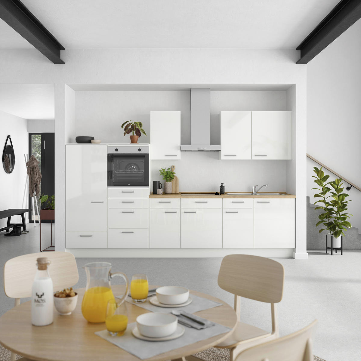 KÜCHENLEERBLOCK 330 cm   in Eichefarben, Weiß Hochglanz  - Edelstahlfarben/Eichefarben, MODERN, Holzwerkstoff/Metall (330cm) - Nobilia