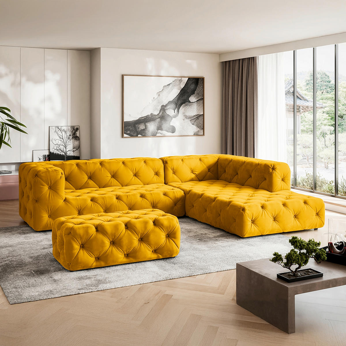 ECKSOFA Fresco in Samt Senfgelb  325/228 cm  - Senfgelb/Schwarz, Design, Kunststoff/Textil (325/228cm) - P & B