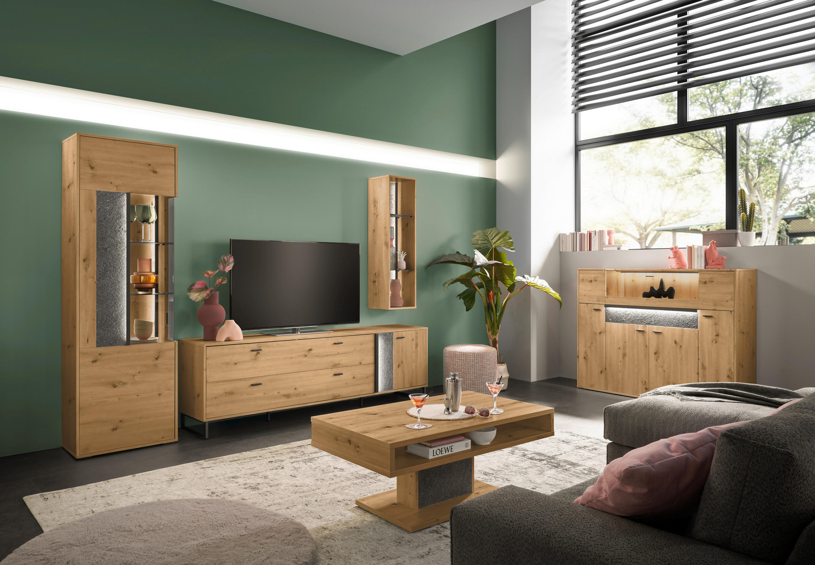 TV-ELEMENT - Dunkelgrau/Eiche Artisan, Design, Holzwerkstoff/Stein (213,7/66,5/43,8cm) - SetOne by Musterring