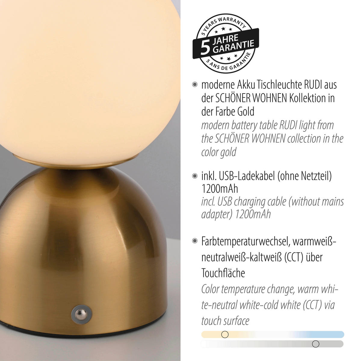 AKKU-TISCHLEUCHTE SW RUDI 12/12/20 cm   - Goldfarben, Design, Glas/Kunststoff (12/12/20cm) - Schöner Wohnen