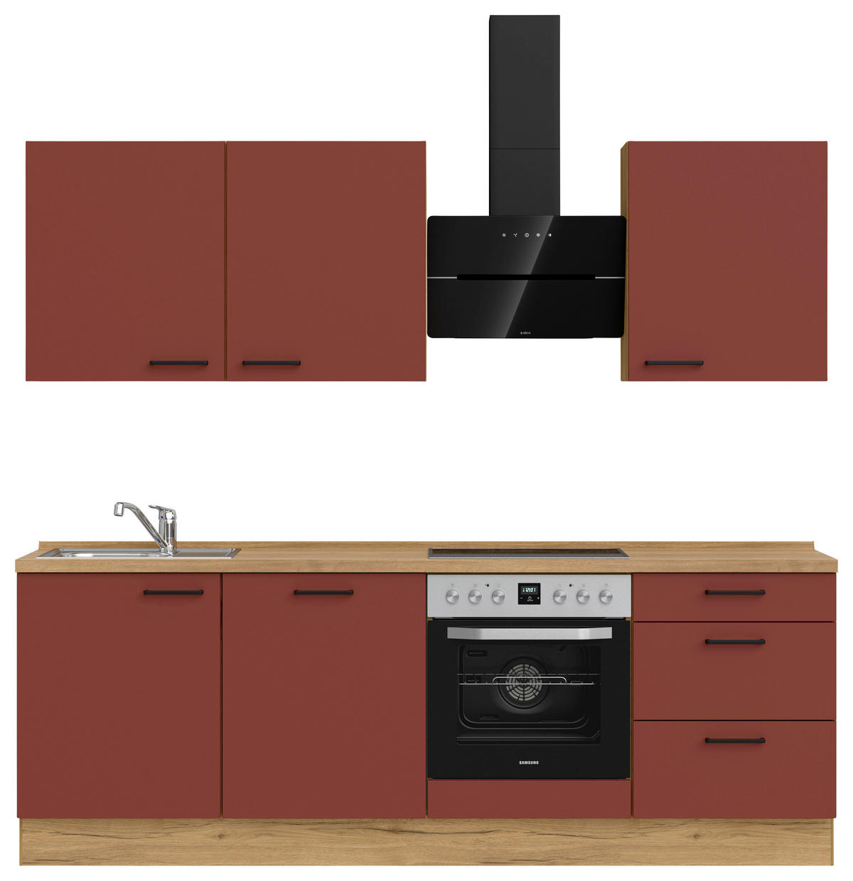 KÜCHENBLOCK 240 cm   in Eichefarben, Dunkelrot  - Eichefarben/Schwarz, MODERN, Holzwerkstoff/Metall (240cm) - Nobilia