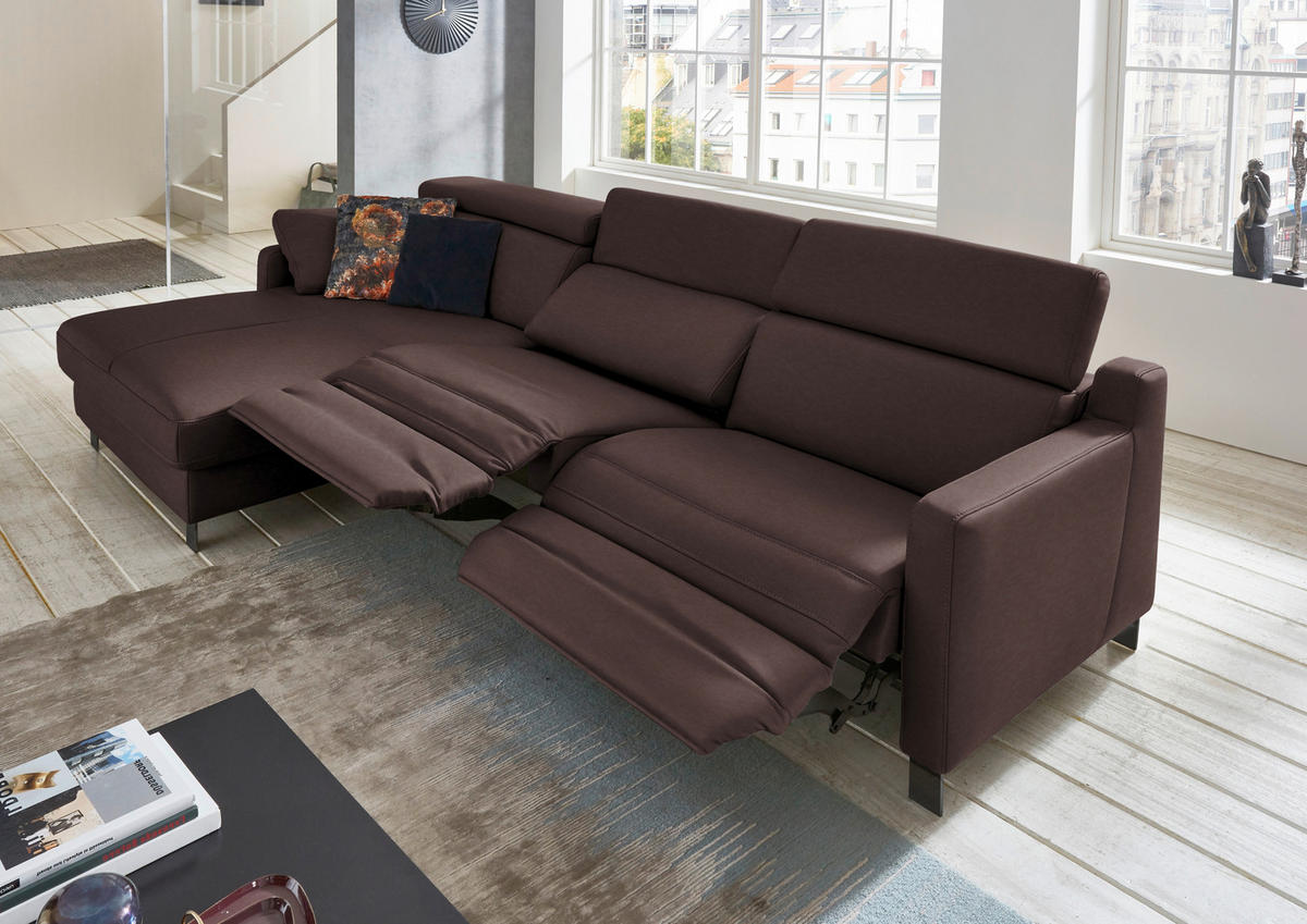 ECKSOFA in Echtleder Dunkelbraun  - Dunkelbraun/Schwarz, Design, Leder/Metall (176/291cm) - Valdera