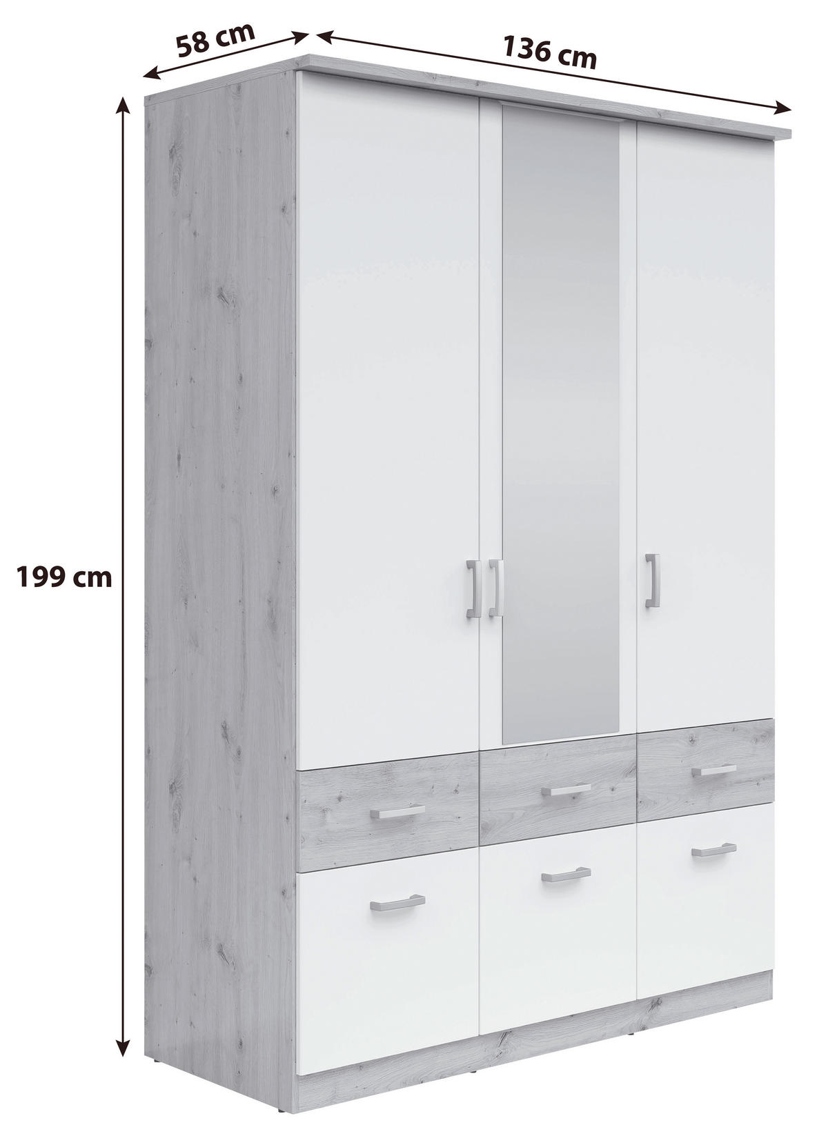 KLEIDERSCHRANK 136/199/58 cm 3-türig Silberfarben, Weiß, Eiche Artisan  - Silberfarben/Weiß, KONVENTIONELL, Holzwerkstoff/Kunststoff (136/199/58cm)