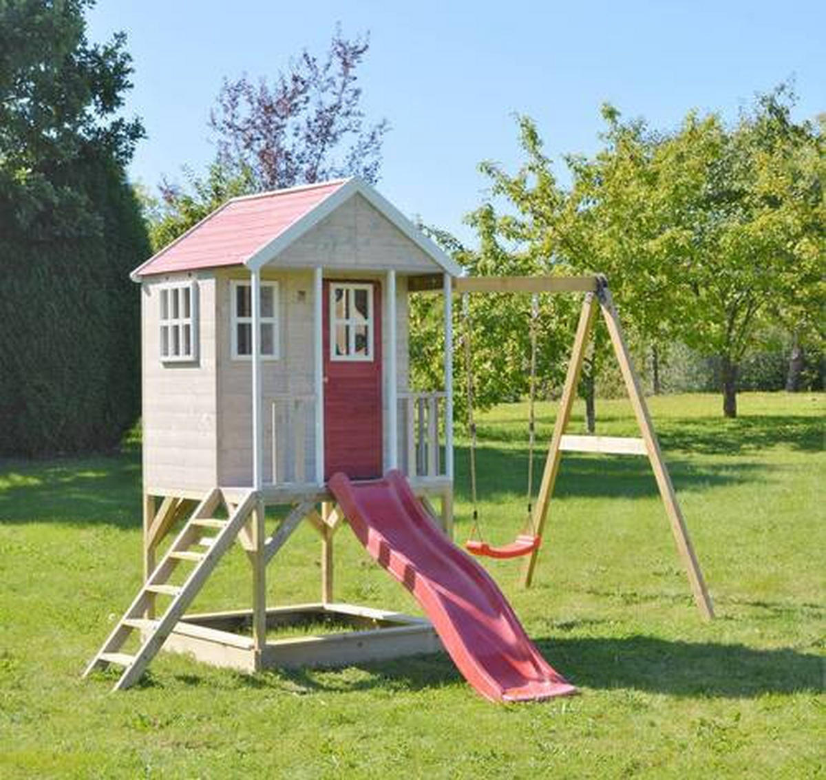 SPIELHAUS 350/242/290 cm  - Rot/Naturfarben, KONVENTIONELL, Holz (350/242/290cm) - Ambia Garden