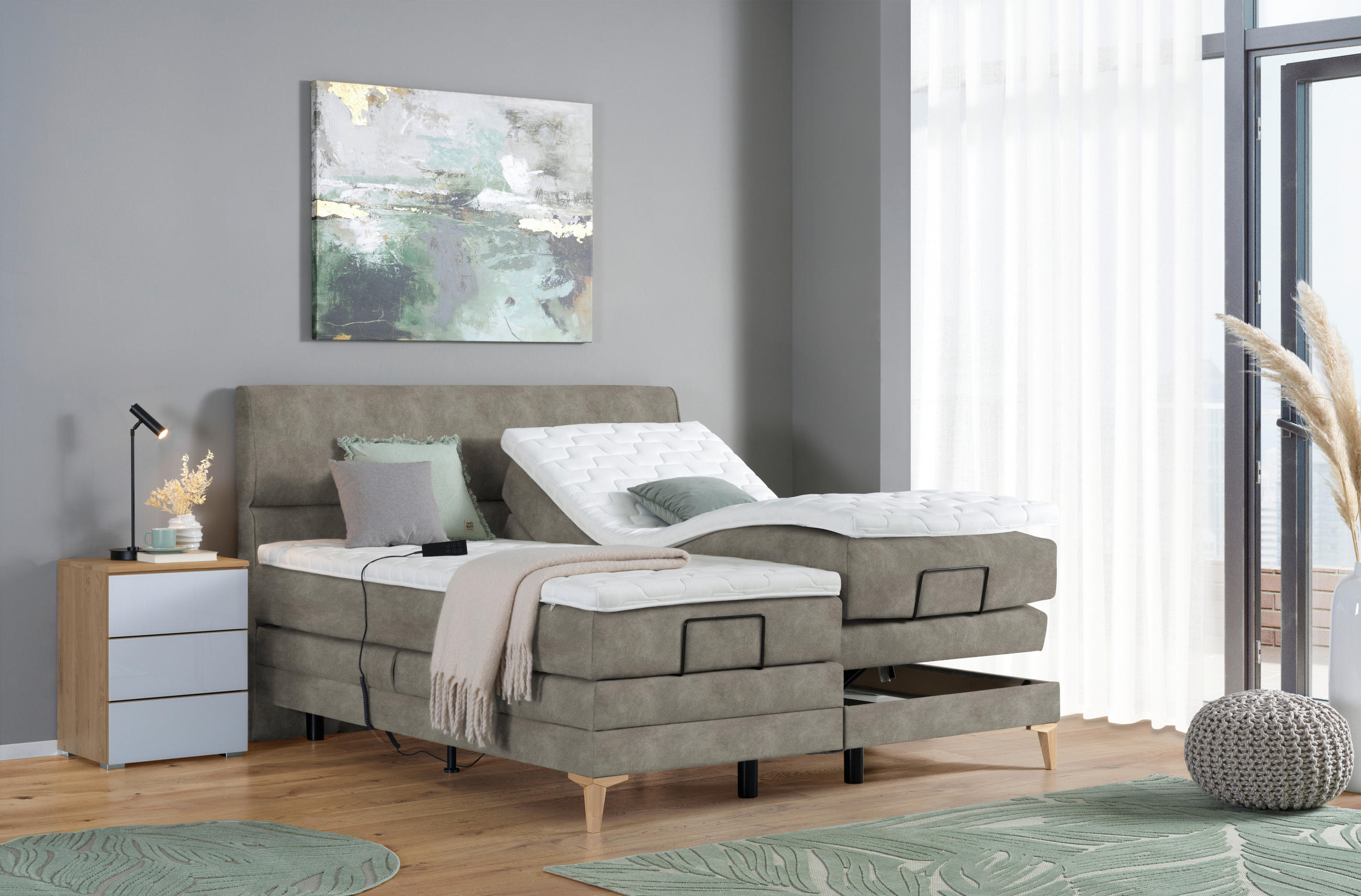 BOXSPRINGBETT 180/200 cm  in Hellgrau  - Eichefarben/Hellgrau, Konventionell, Holz/Textil (180/200cm) - Voleo