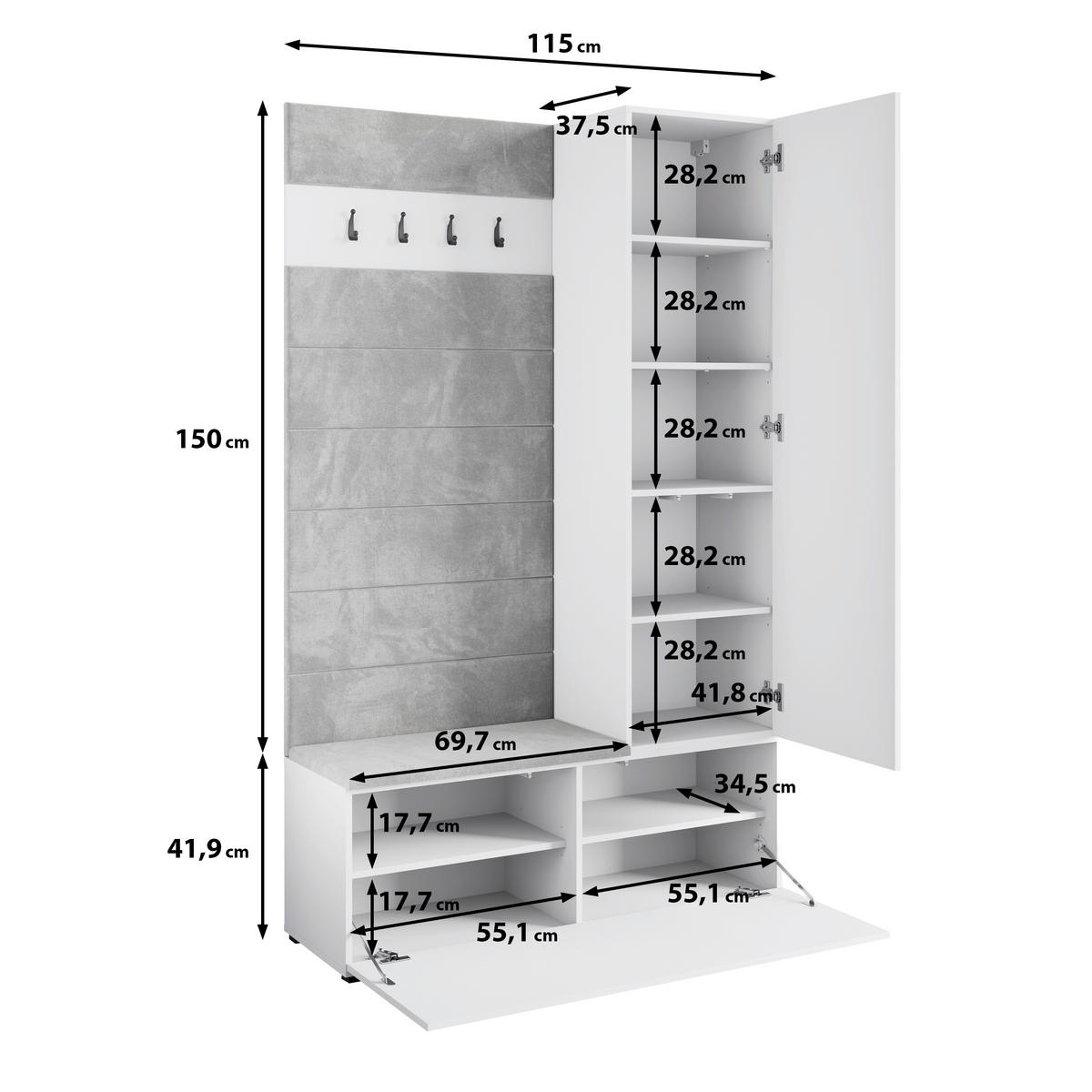 HALLMÖBEL  i 115/192/37,5 cm  - vit/vit högglans, Design, trämaterial (115/192/37,5cm) - Livetastic