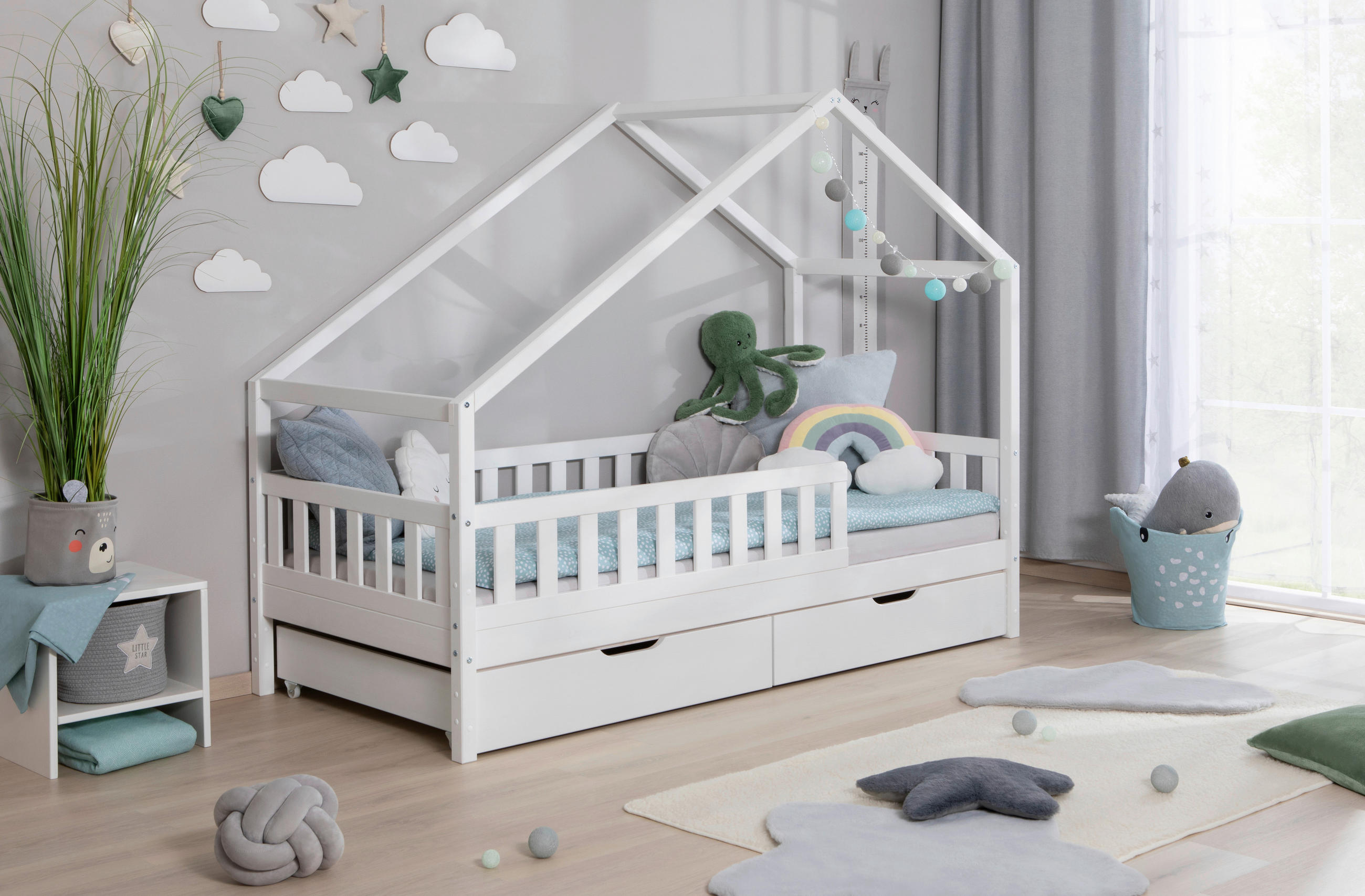 HAUSBETT Absturzsicherung, Matratze, Rollrost, Bettschublade 100/200 cm  - Weiß/Naturfarben, MODERN, Holz/Textil (100/200cm) - MID.YOU