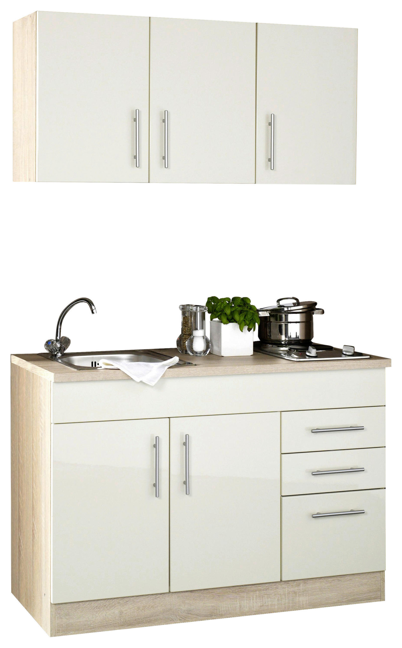 MINIKÜCHE 120 cm   in Creme  - Chromfarben/Eichefarben, MODERN, Holzwerkstoff/Metall (120cm) - Held