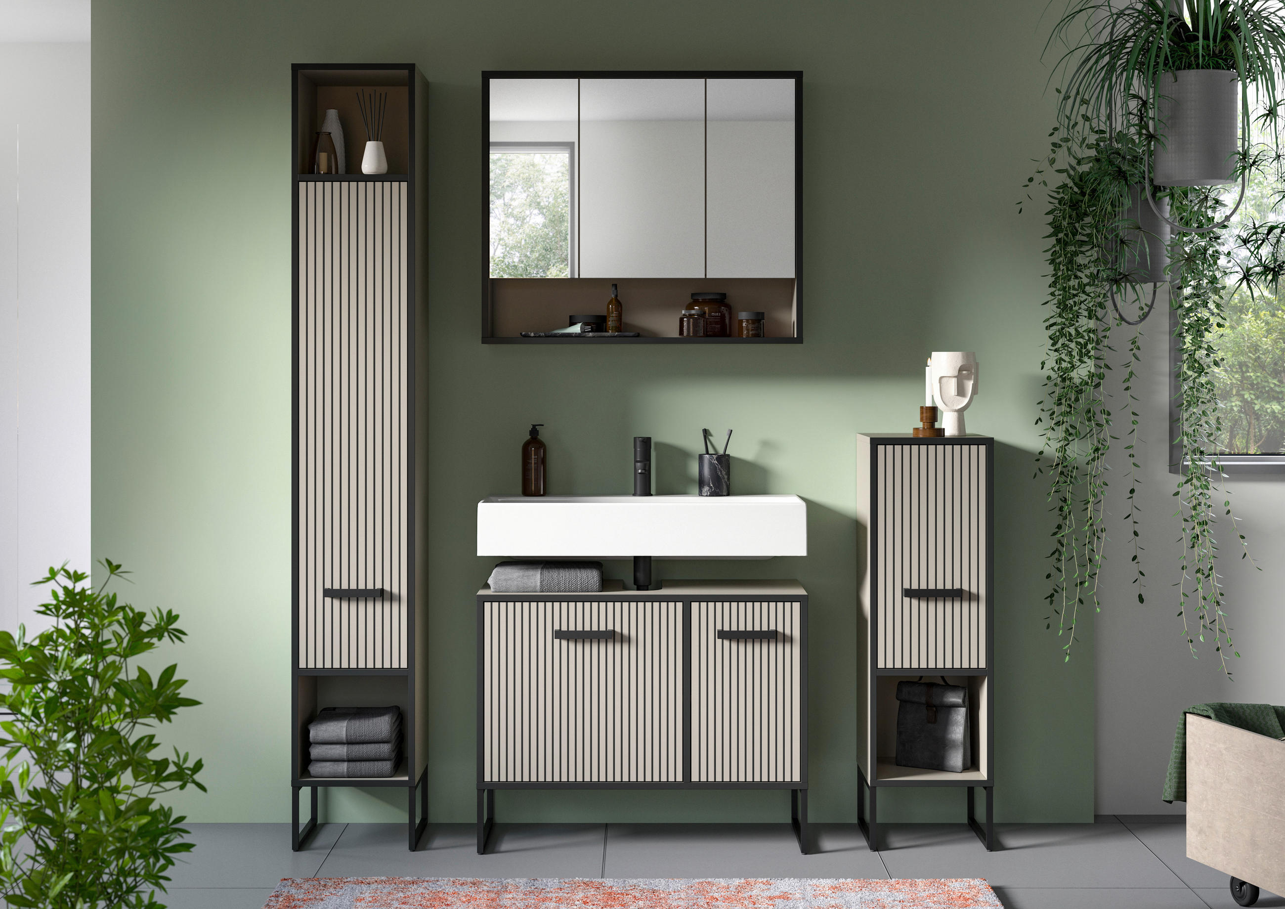 BADEZIMMER 4-teilig  in 140 cm  - Kaschmir/Schwarz, MODERN, Holzwerkstoff/Metall (140cm) - MID.YOU