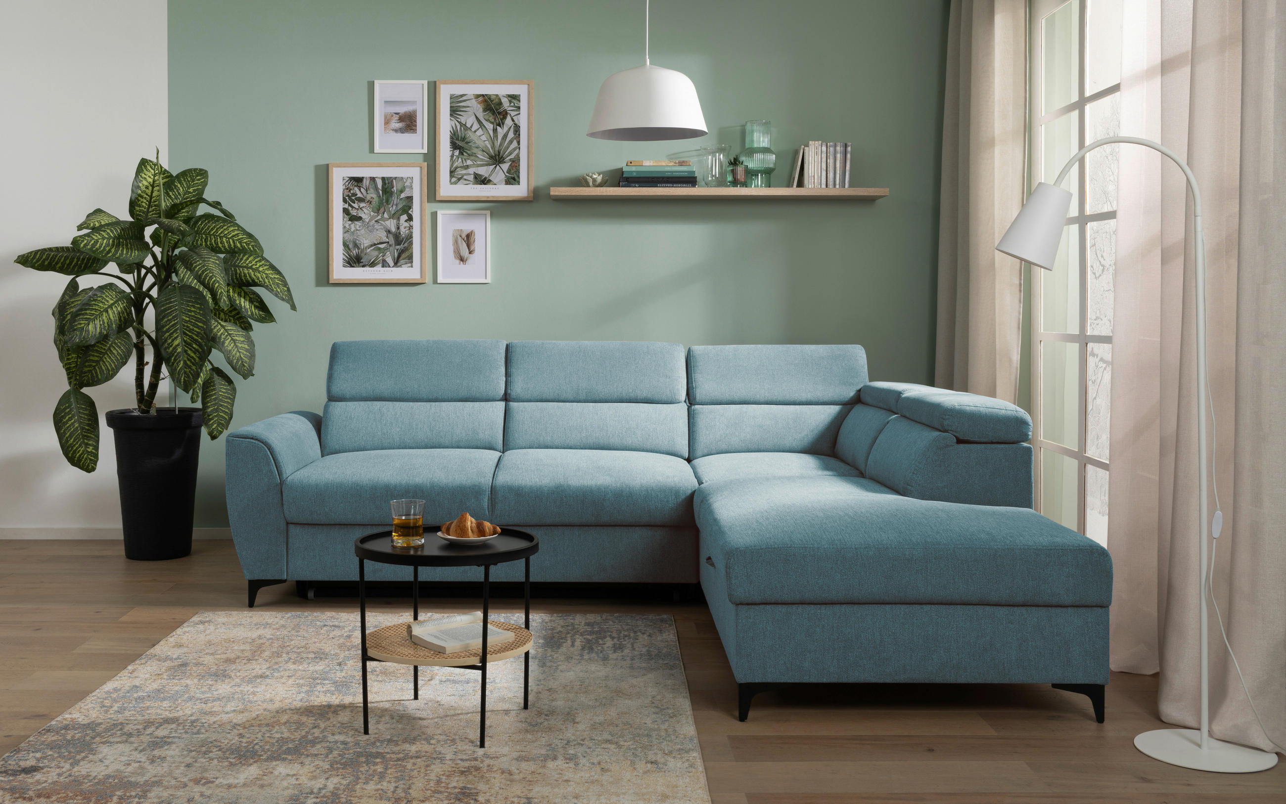 ECKSOFA in Velours Petrol  - Petrol/Schwarz, Konventionell, Textil/Metall (255/217cm) - MID.YOU