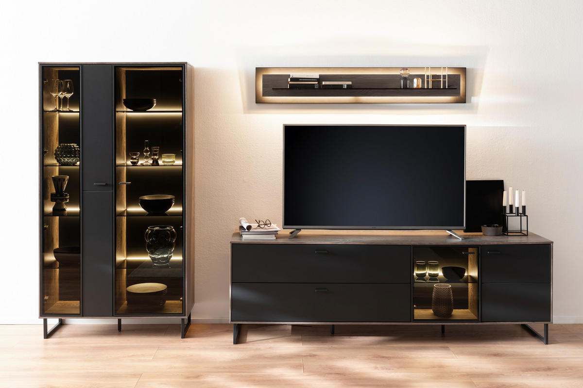 WOHNWAND  in Schwarz, Eichefarben  321/185/50 cm  - Eichefarben/Anthrazit, Design, Glas/Holz (321/185/50cm) - MID.YOU