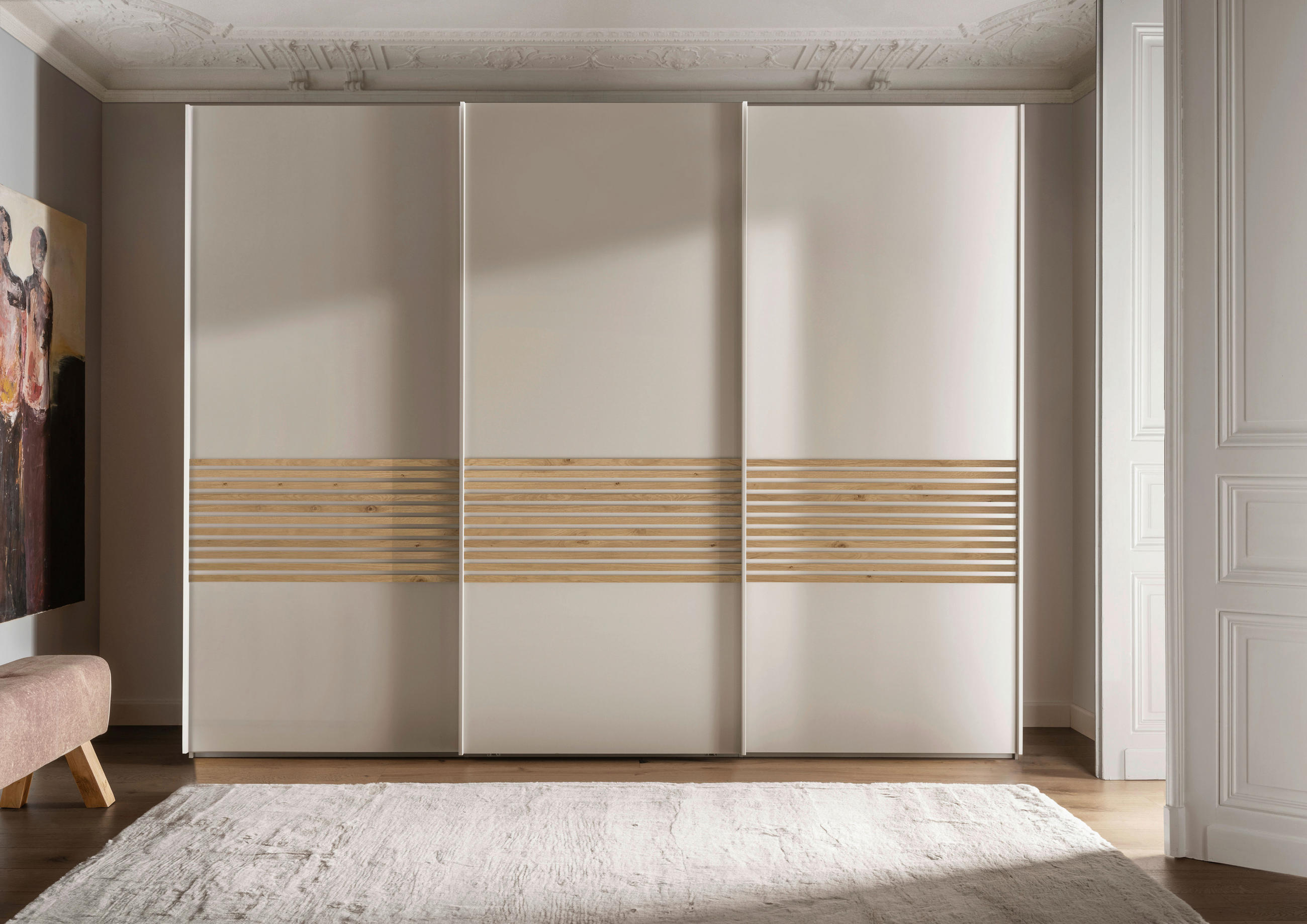 SCHWEBETÜRENSCHRANK in Champagner, Eiche Bianco  - Eiche Bianco/Champagner, Design, Holzwerkstoff/Metall (250/236/67cm) - Novel