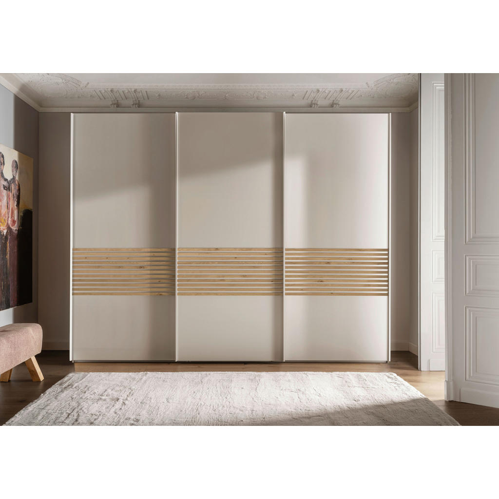 Thumbnail - Novel Schwebetürenschrank Lugano, Champagner, Eiche Bianco, Holzwerkstoff, 6 Fächer, 250x217x67 cm, ISO 9001, Goldenes M...