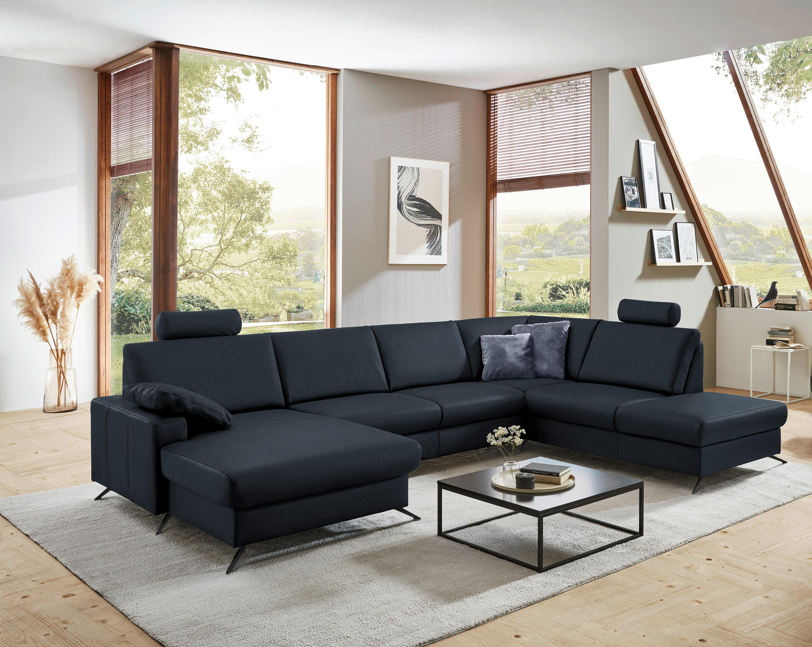 WOHNLANDSCHAFT in Echtleder Dunkelblau  - Schwarz/Dunkelblau, Design, Leder/Metall (165/339/233cm) - Beldomo Premium
