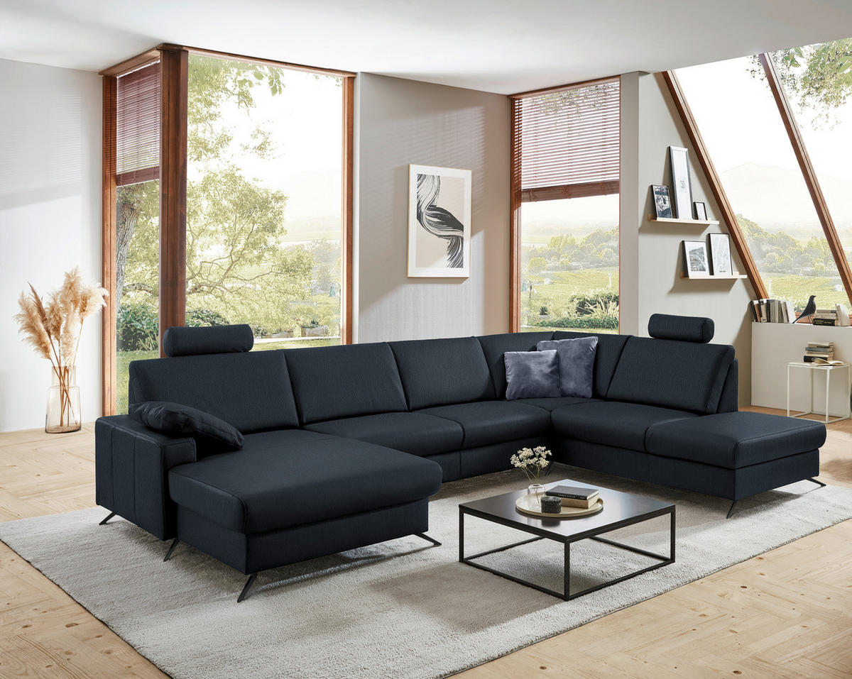 WOHNLANDSCHAFT in Echtleder Dunkelblau  - Schwarz/Dunkelblau, Design, Leder/Metall (165/339/233cm) - Beldomo Premium