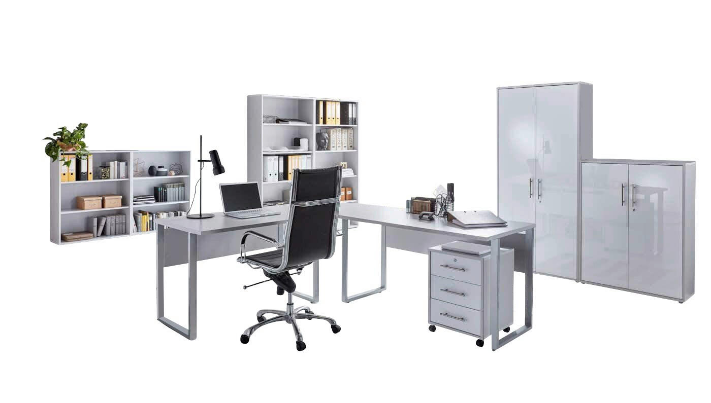 BÜRO - Weiß Hochglanz/Grau, MODERN, Holzwerkstoff/Metall - MID.YOU